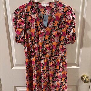 LOFT Vibrant Floral Print Dress with Short Sleeves ~ Petite Small ~ NWT